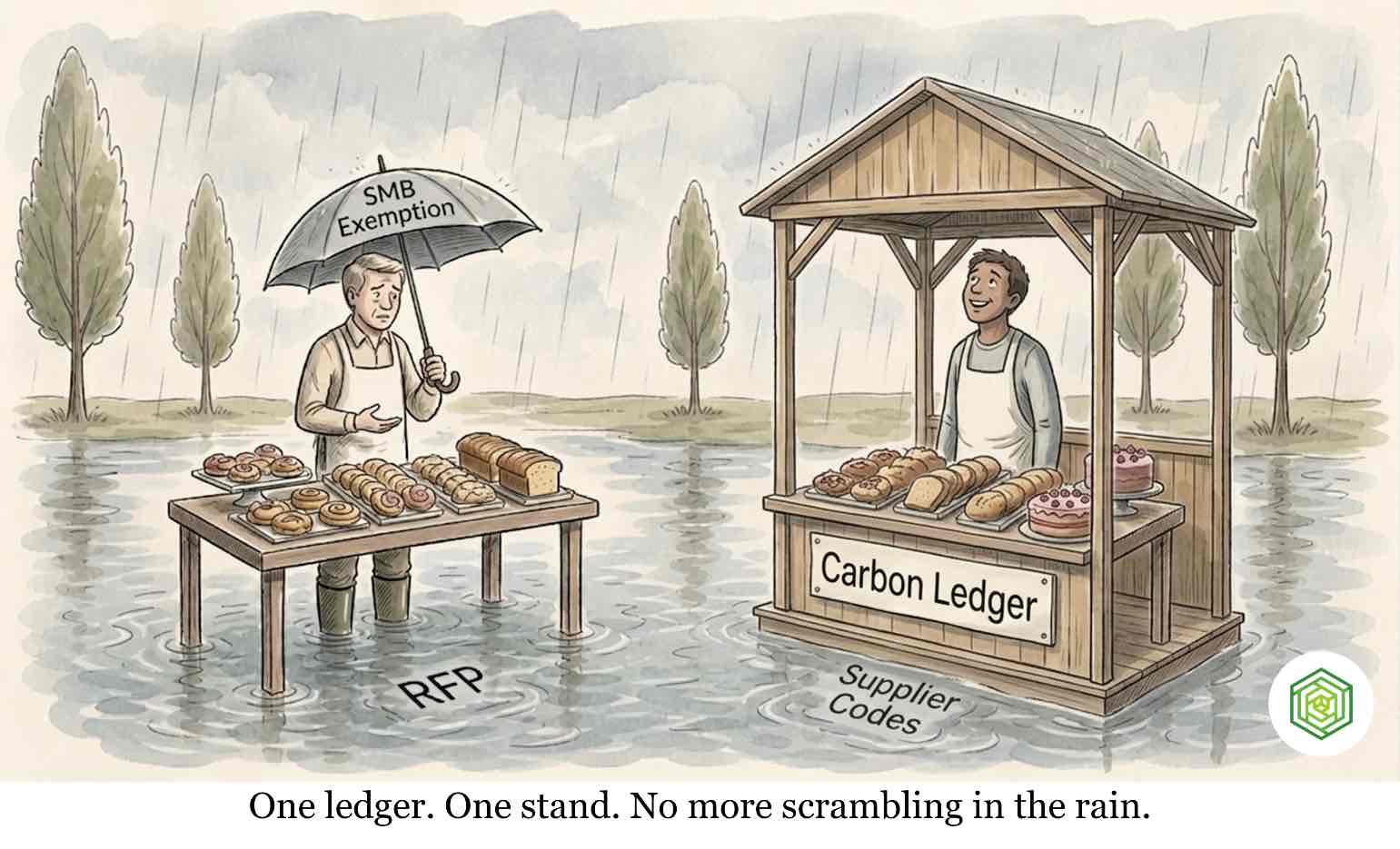 A baker building a covered stand in the rain, representing an SMB building a carbon ledger to handle climate questions