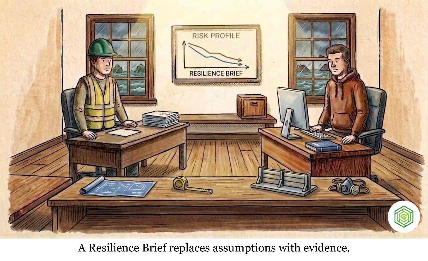 A business owner reviewing a one-page resilience brief alongside insurance renewal documents and a laptop showing accounting data