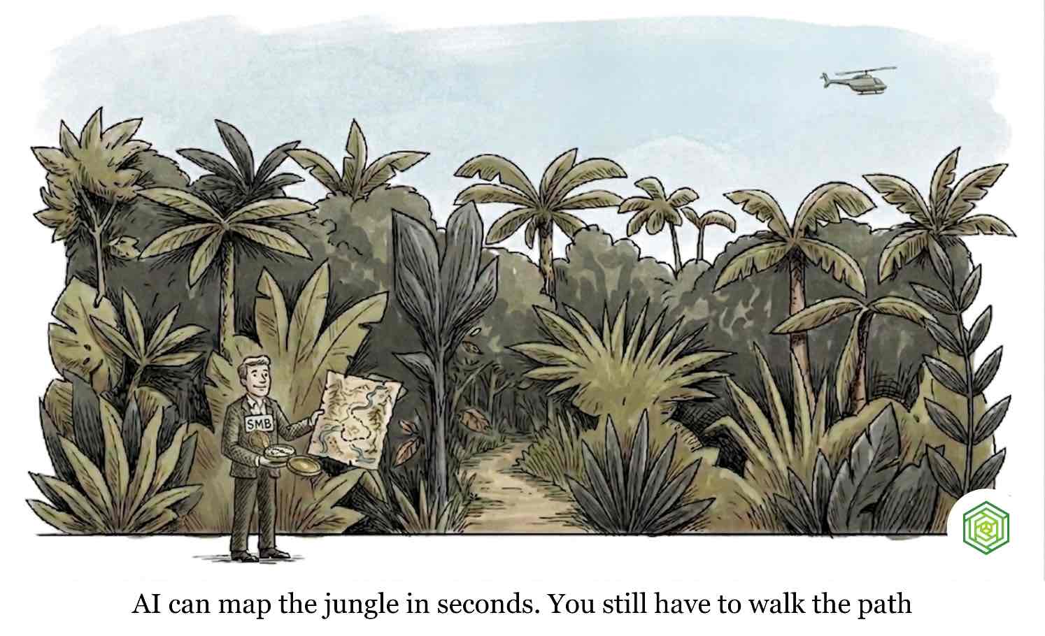 Dense jungle path clearing to reveal a walkable trail, representing AI clarifying the complexity of climate data for SMBs