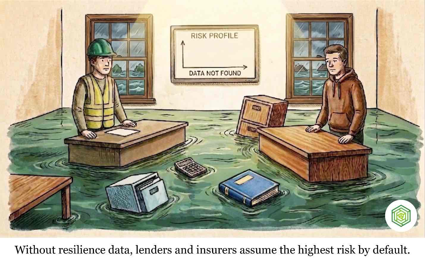 A scale balancing financial documents against climate risk icons, representing how climate risk already affects SMB balance sheets